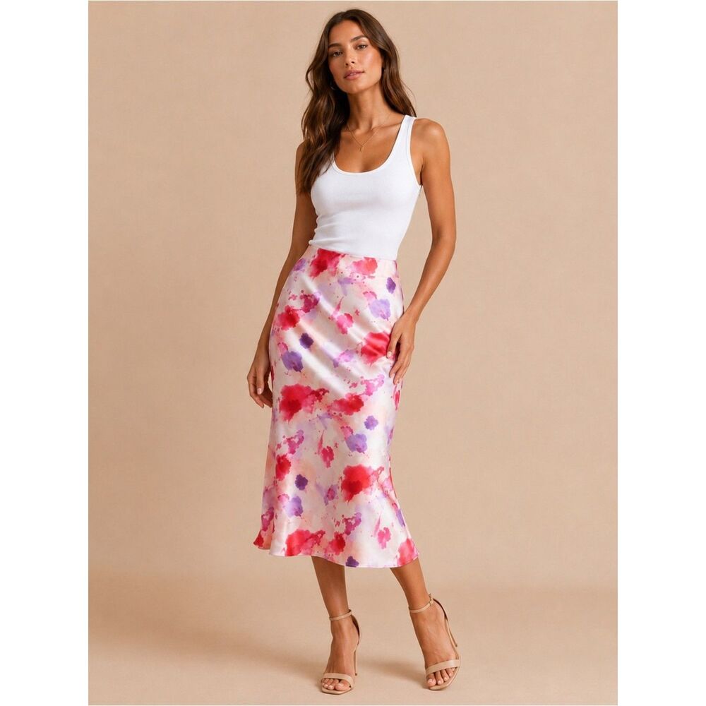 Lulus Satin Pink/Purple Splatter Skirt Size XS/Small NWT